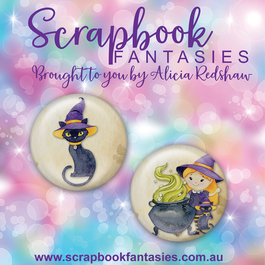 Spooktacular Flair Button [1"] - Witch & Cat (2 pieces) Designed by Alicia Redshaw