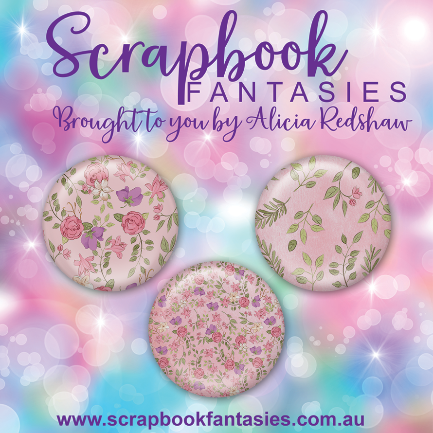 Swan Princess Flair Buttons [1"] - Floral Patterns on Pink (3 pieces) Designed by Alicia Redshaw