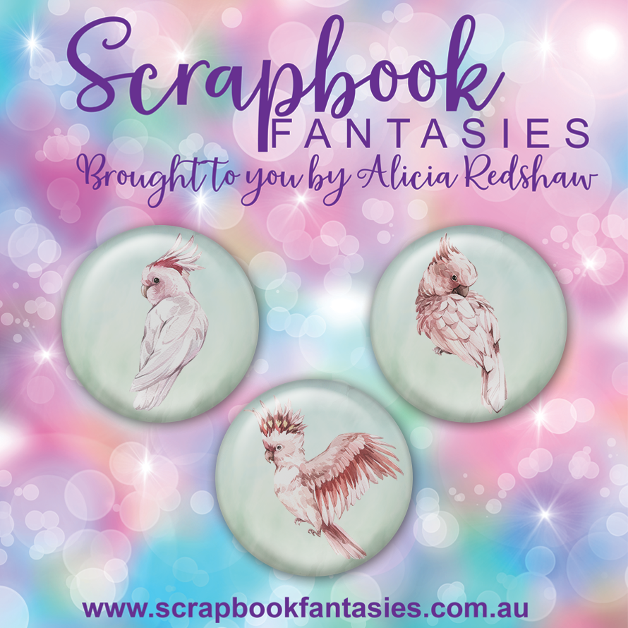 Aussie Grunge Flair Buttons [1"] - Pink Cockatoos (3 pieces) Designed by Alicia Redshaw Exclusively for Scrapbook Fantasies