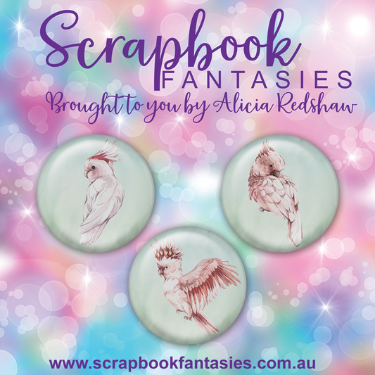 Aussie Grunge Flair Buttons [1"] - Pink Cockatoos (3 pieces) Designed by Alicia Redshaw Exclusively for Scrapbook Fantasies