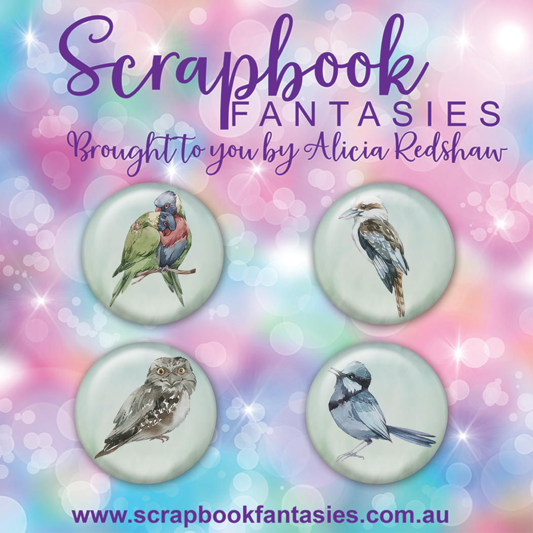 Aussie Grunge Flair Buttons [1"] - Aussie Birds (4 pieces) Designed by Alicia Redshaw Exclusively for Scrapbook Fantasies