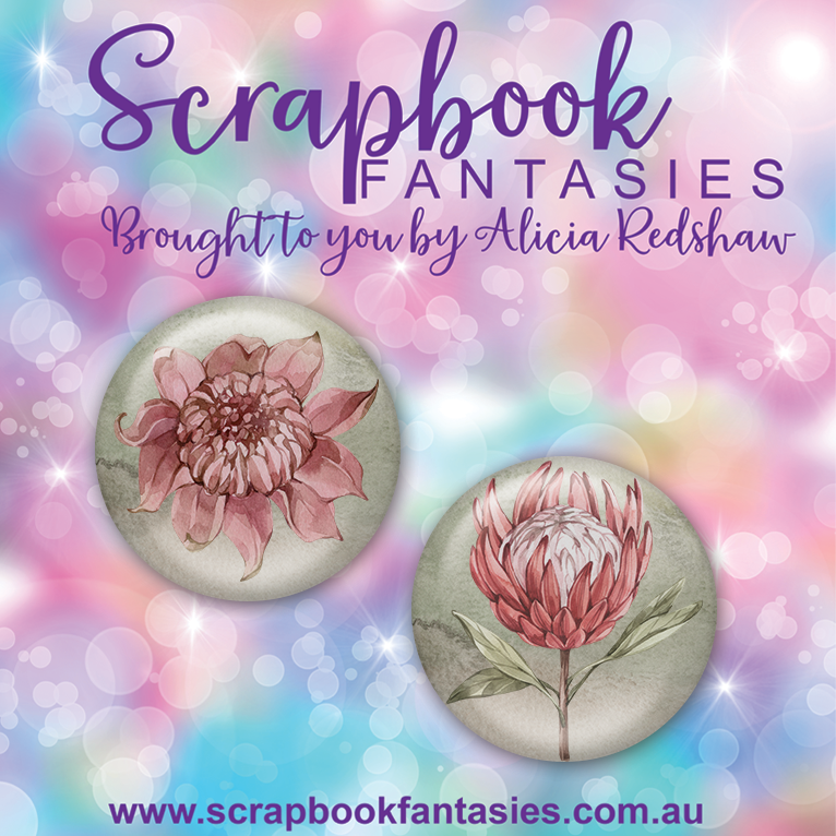 Aussie Grunge Flair Buttons [1"] - Aussie Flowers (2 pieces) Designed by Alicia Redshaw Exclusively for Scrapbook Fantasies