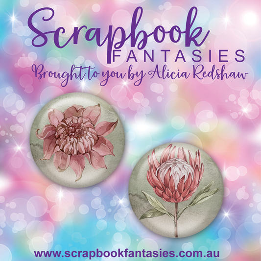 Aussie Grunge Flair Buttons [1"] - Aussie Flowers (2 pieces) Designed by Alicia Redshaw Exclusively for Scrapbook Fantasies