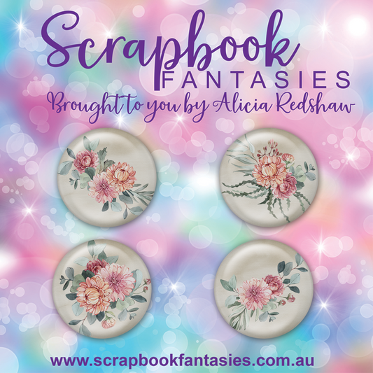 Aussie Grunge Flair Buttons [1"] - Australian Bouquets (4 pieces) Designed by Alicia Redshaw Exclusively for Scrapbook Fantasies