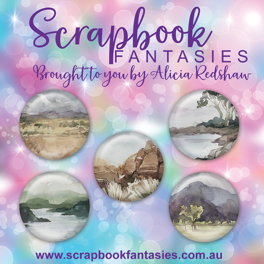 Aussie Grunge Flair Buttons [1"] - Australian Landscapes (5 pieces) Designed by Alicia Redshaw Exclusively for Scrapbook Fantasies