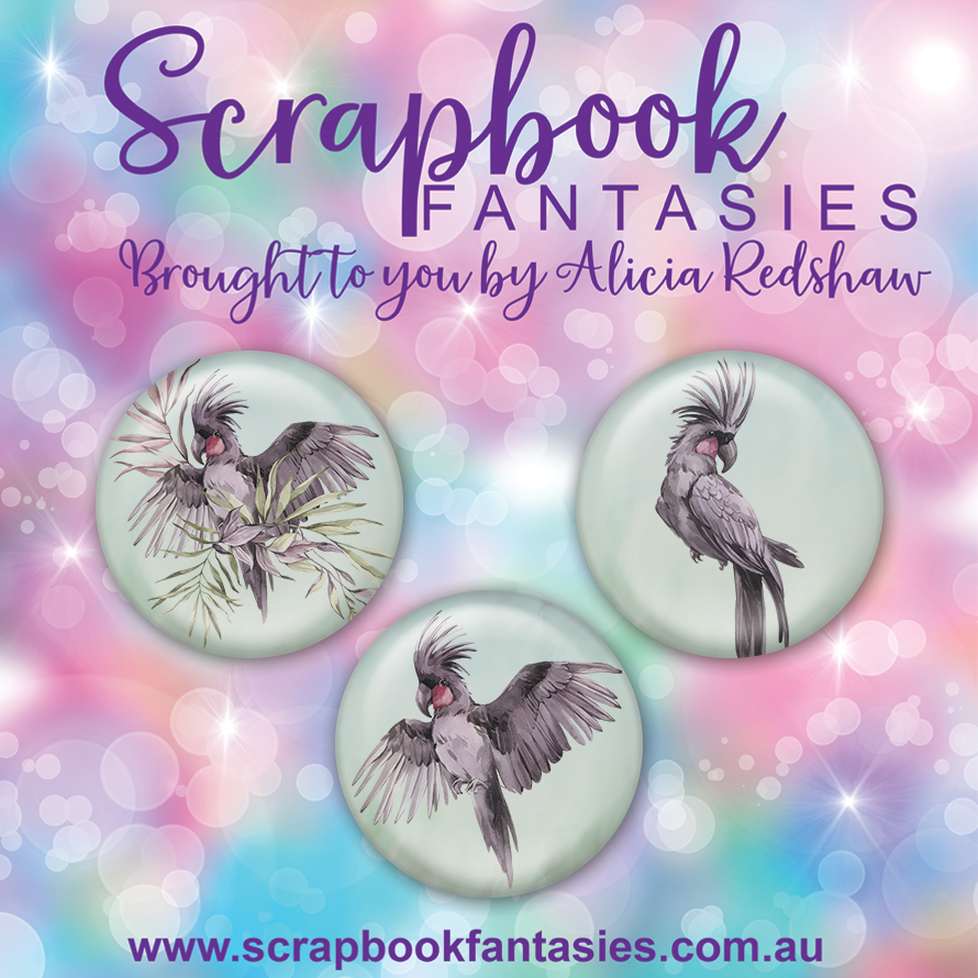 Aussie Grunge Flair Buttons [1"] - Black Cockatoos (3 pieces) Designed by Alicia Redshaw Exclusively for Scrapbook Fantasies