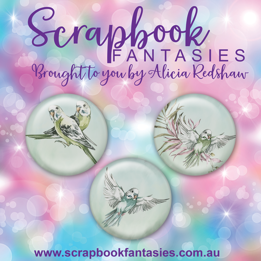 Aussie Grunge Flair Buttons [1"] - Budgies (3 pieces) Designed by Alicia Redshaw