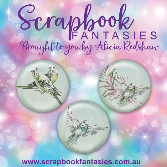 Aussie Grunge Flair Buttons [1"] - Budgies (3 pieces) Designed by Alicia Redshaw