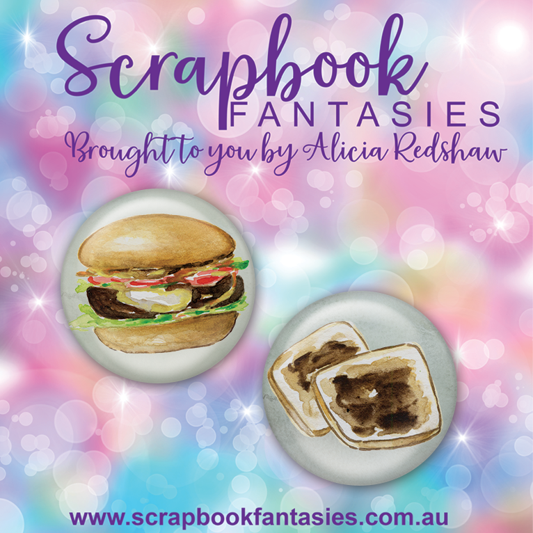 Aussie Grunge Flair Buttons [1"] - Burger & Toast (2 pieces) Designed by Alicia Redshaw Exclusively for Scrapbook Fantasies