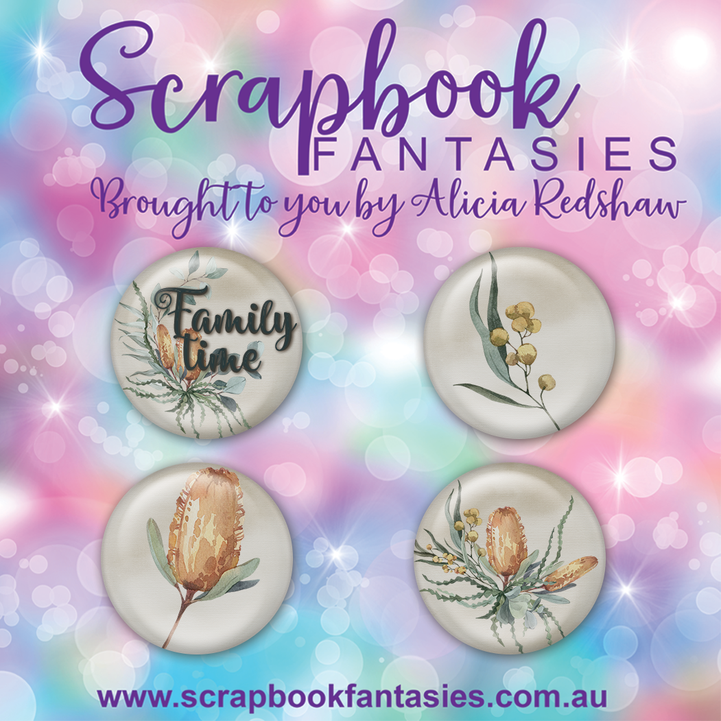 Aussie Grunge Flair Buttons [1"] - Family Time Australian Bouquets (4 pieces) Designed by Alicia Redshaw Exclusively for Scrapbook Fantasies