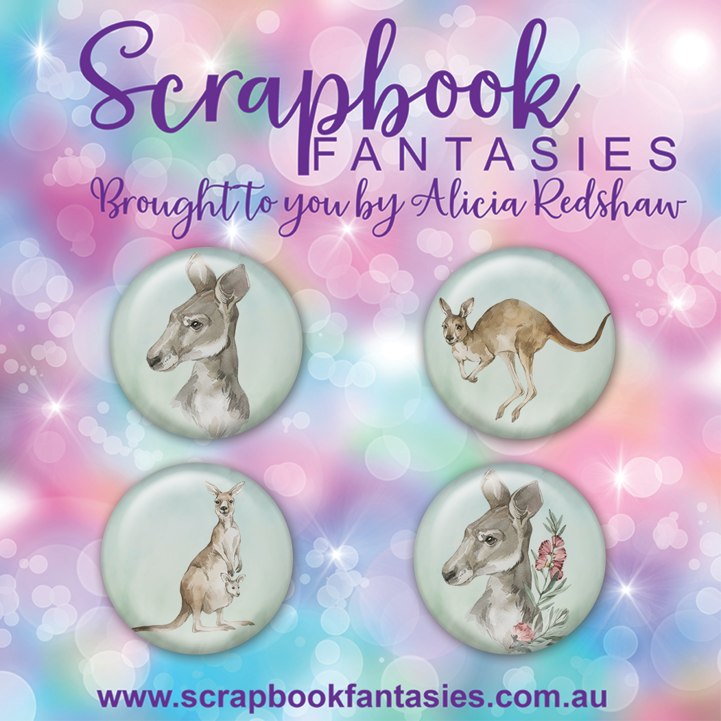 Aussie Grunge Flair Buttons [1"] - Kangaroos (4 pieces) Designed by Alicia Redshaw Exclusively for Scrapbook Fantasies