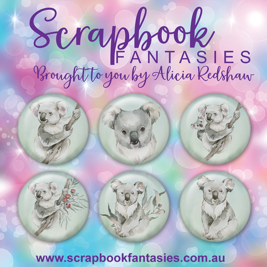 Aussie Grunge Flair Buttons [1"] - Koalas (6 pieces) Designed by Alicia Redshaw Exclusively for Scrapbook Fantasies