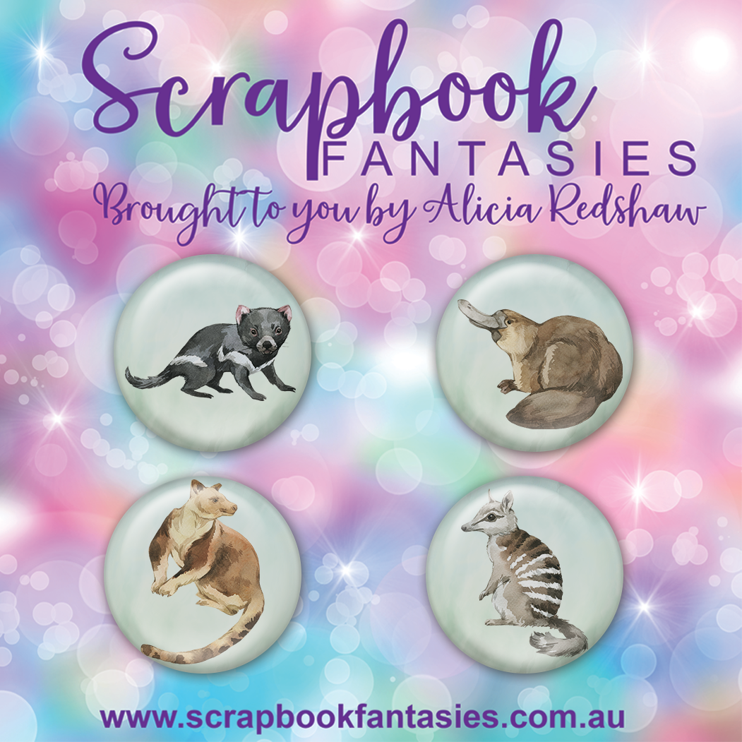 Aussie Grunge Flair Buttons [1"] - Marsupials (4 pieces) Designed by Alicia Redshaw Exclusively for Scrapbook Fantasies
