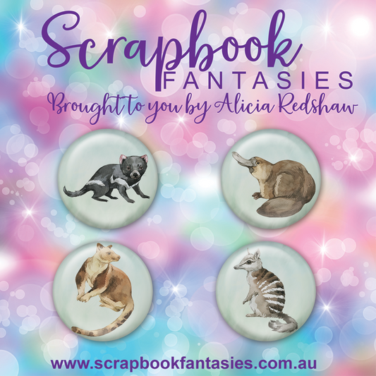 Aussie Grunge Flair Buttons [1"] - Marsupials (4 pieces) Designed by Alicia Redshaw Exclusively for Scrapbook Fantasies