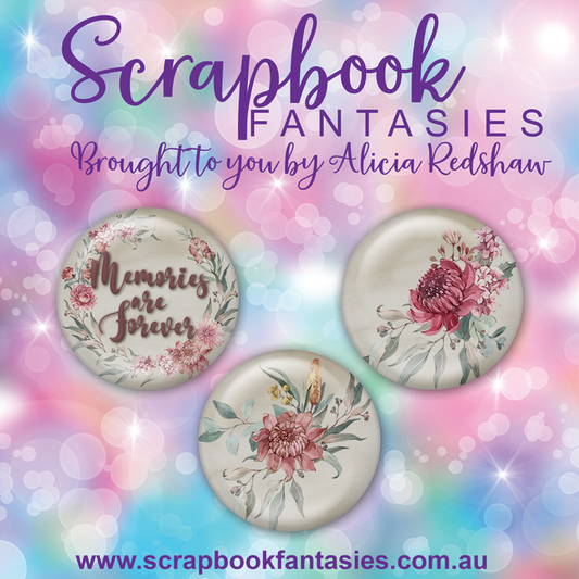 Aussie Grunge Flair Buttons [1"] - Memories are Forever (3 pieces) Designed by Alicia Redshaw Exclusively for Scrapbook Fantasies