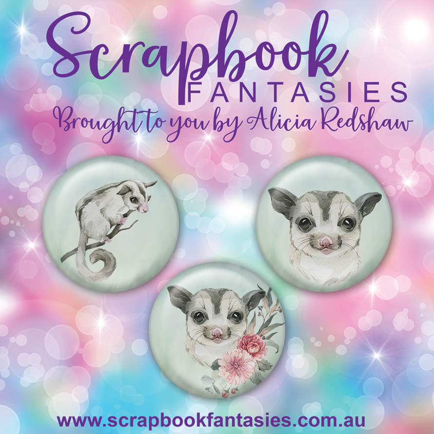 Aussie Grunge Flair Buttons [1"] - Possums (3 pieces) Designed by Alicia Redshaw Exclusively for Scrapbook Fantasies
