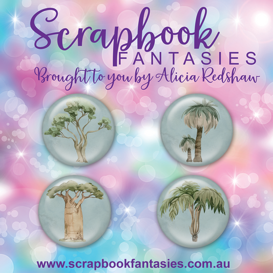 Aussie Grunge Flair Buttons [1"] - Trees (4 pieces) Designed by Alicia Redshaw Exclusively for Scrapbook Fantasies