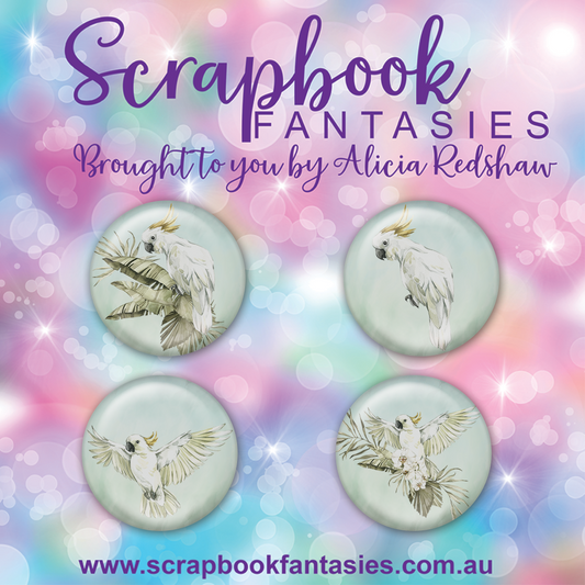 Aussie Grunge Flair Buttons [1"] - White Cockatoo (4 pieces) Designed by Alicia Redshaw